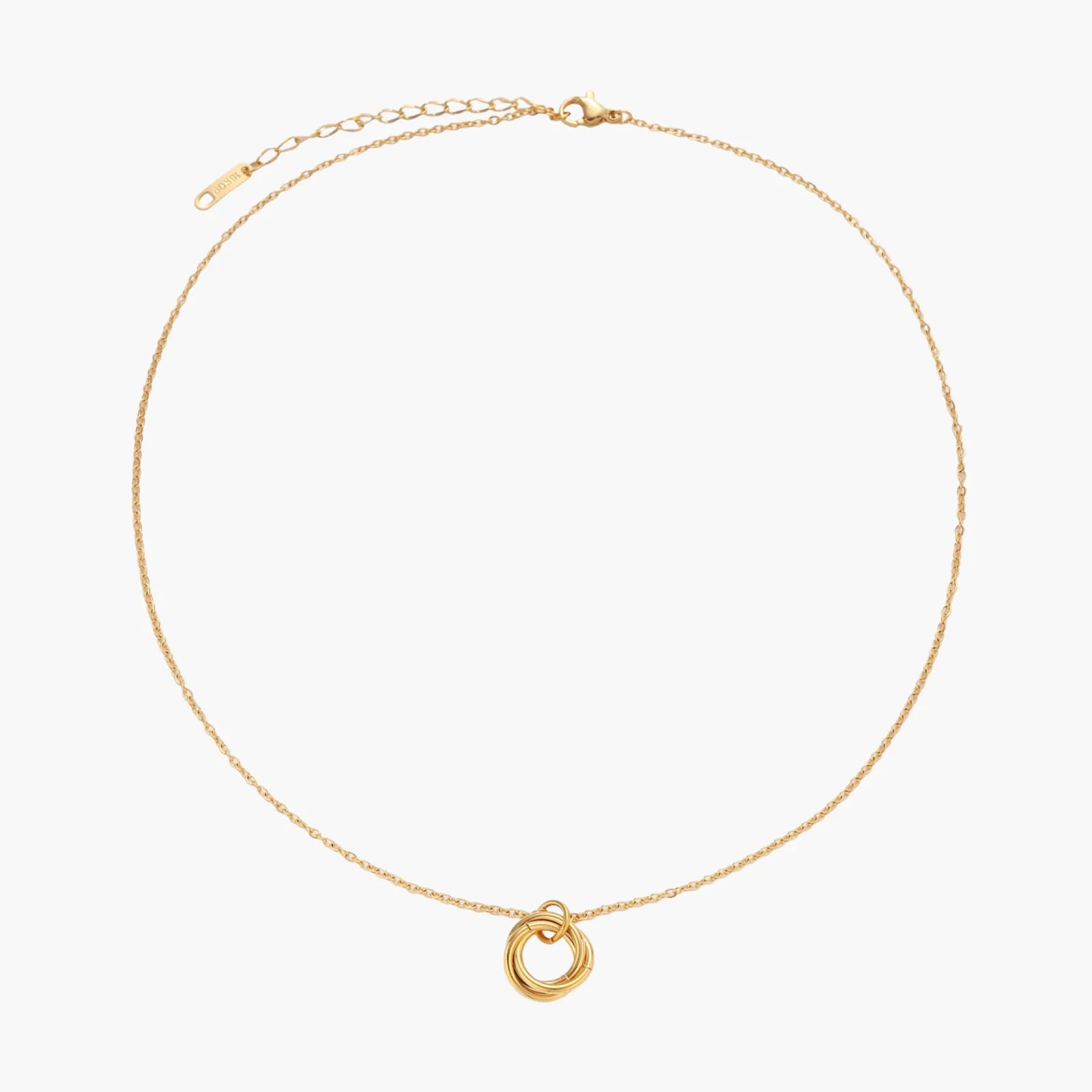 Delicate gold-plated necklace with three interlocking circle rings forming a minimalist knot pendant on cream background