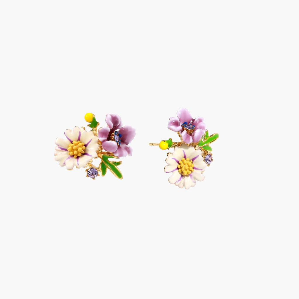 Cluster-style stud earrings with purple pansies, white daisies, yellow centers, and green leaves in glossy enamel finish