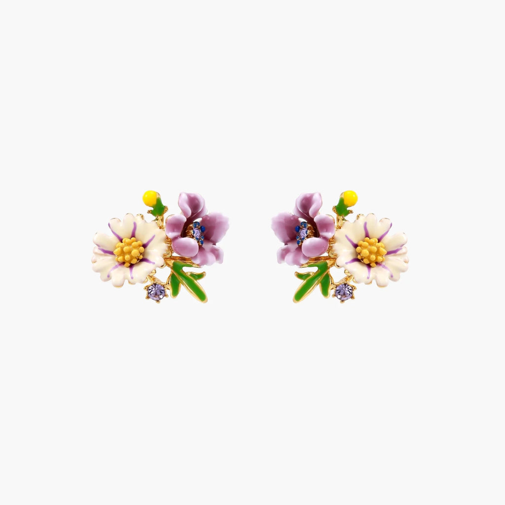 Cluster-style stud earrings with purple pansies, white daisies, yellow centers, and green leaves in glossy enamel finish