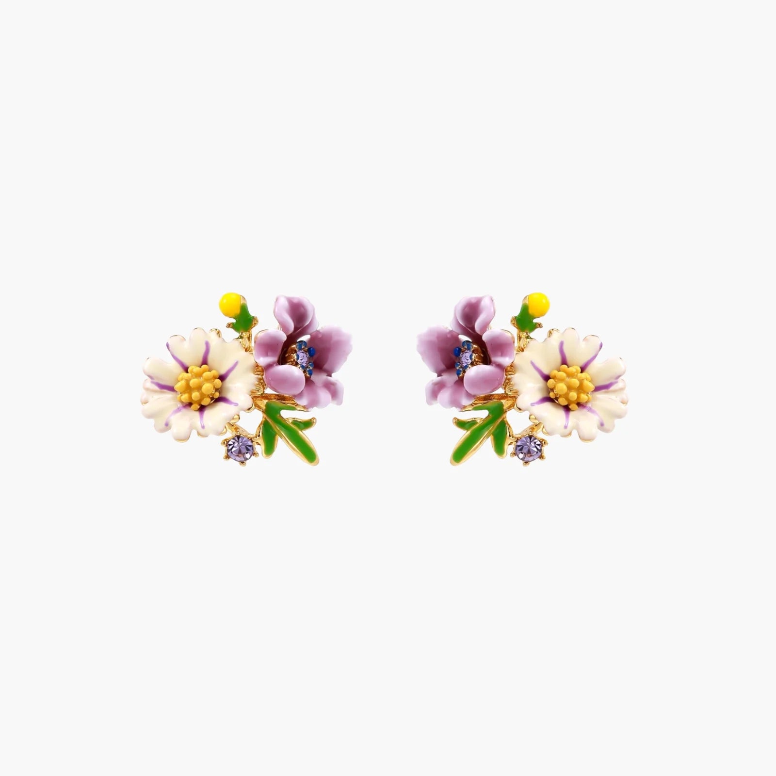 Cluster-style stud earrings with purple pansies, white daisies, yellow centers, and green leaves in glossy enamel finish