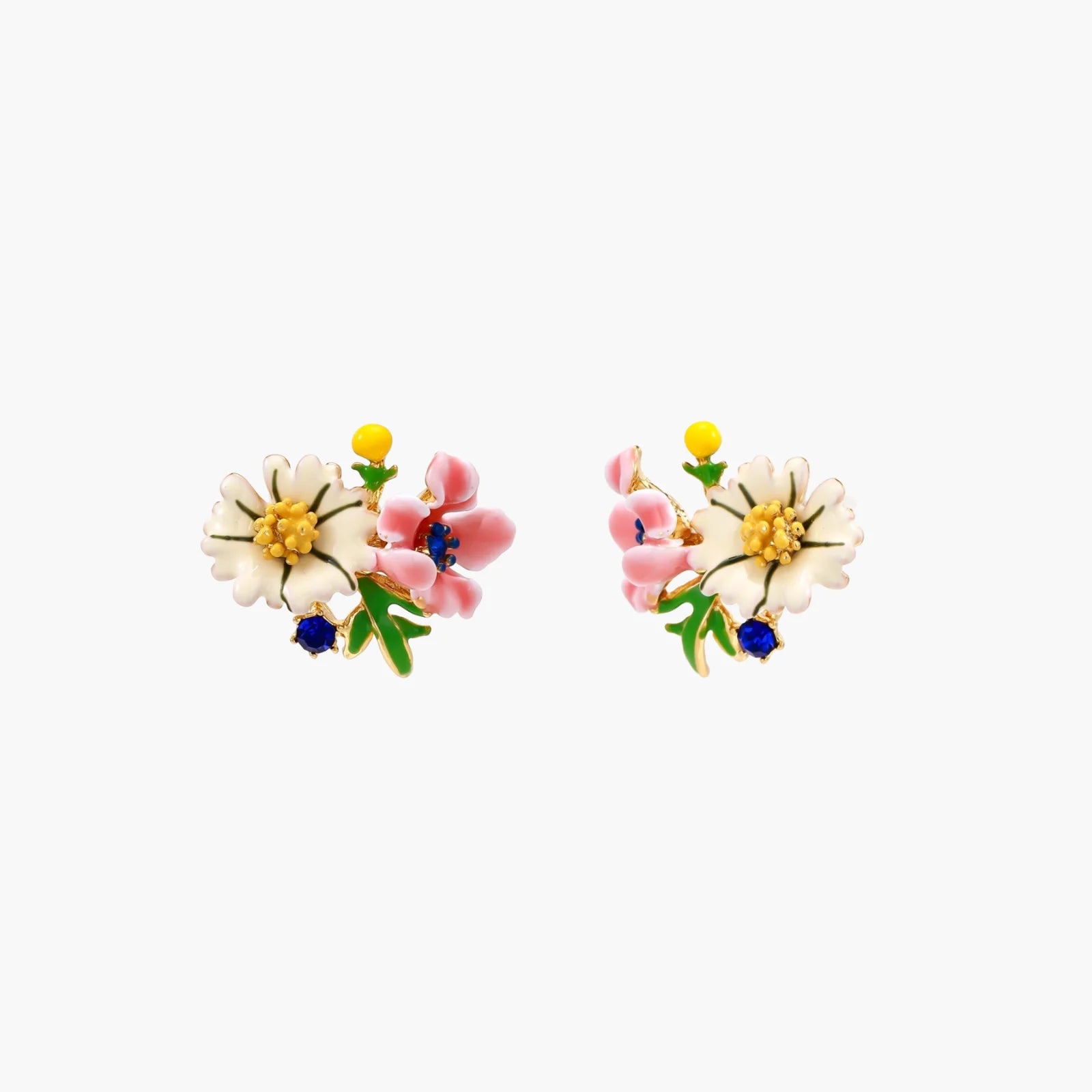 Colorful floral cluster stud earrings with pink blooms, white daisies, yellow accents on gold-plated brass base