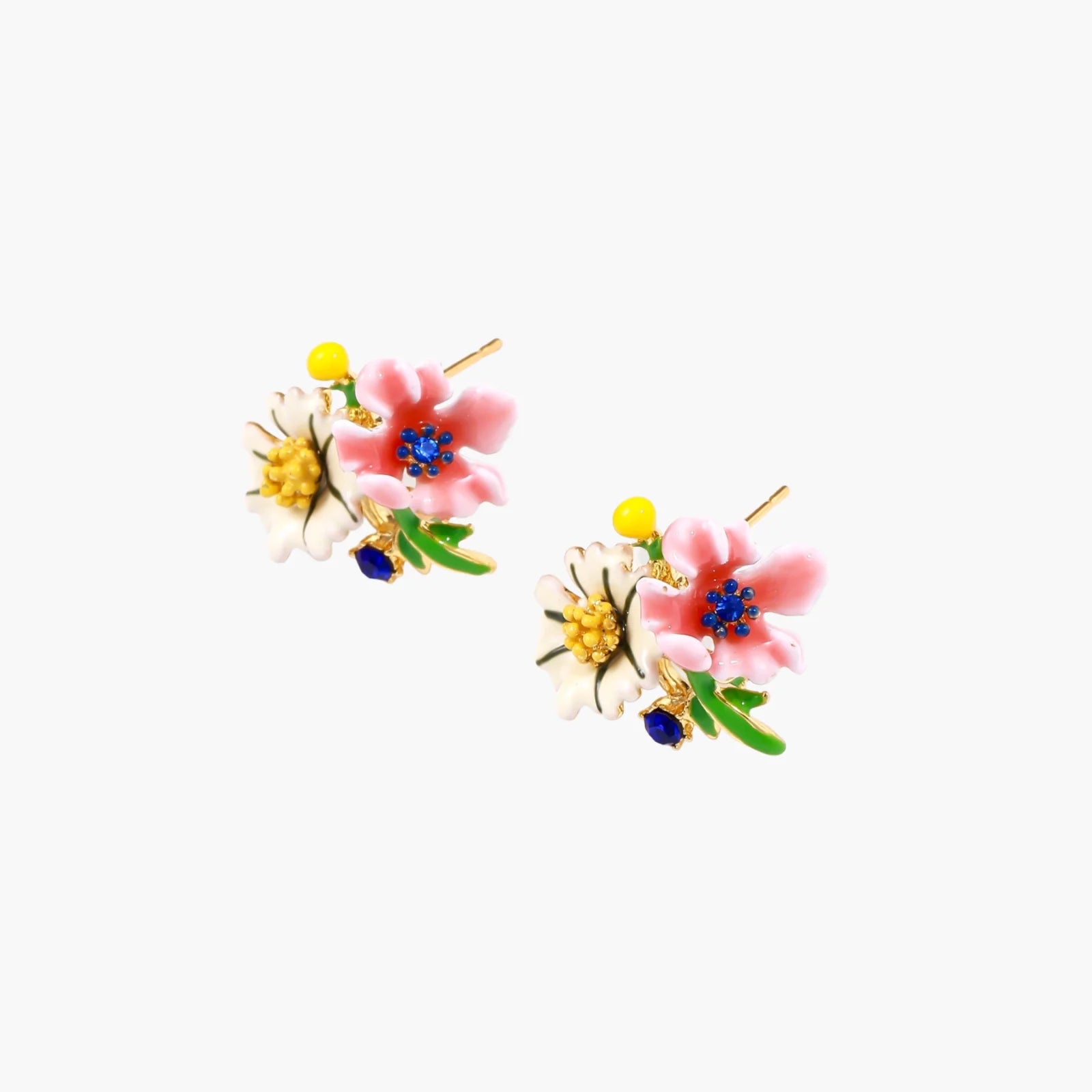 Colorful floral cluster stud earrings with pink blooms, white daisies, yellow accents on gold-plated brass base