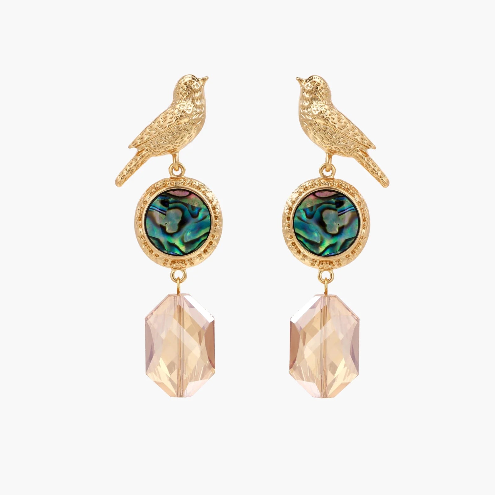 Gold-plated bird stud earrings with iridescent abalone shell medallions and champagne crystal drops on cream background