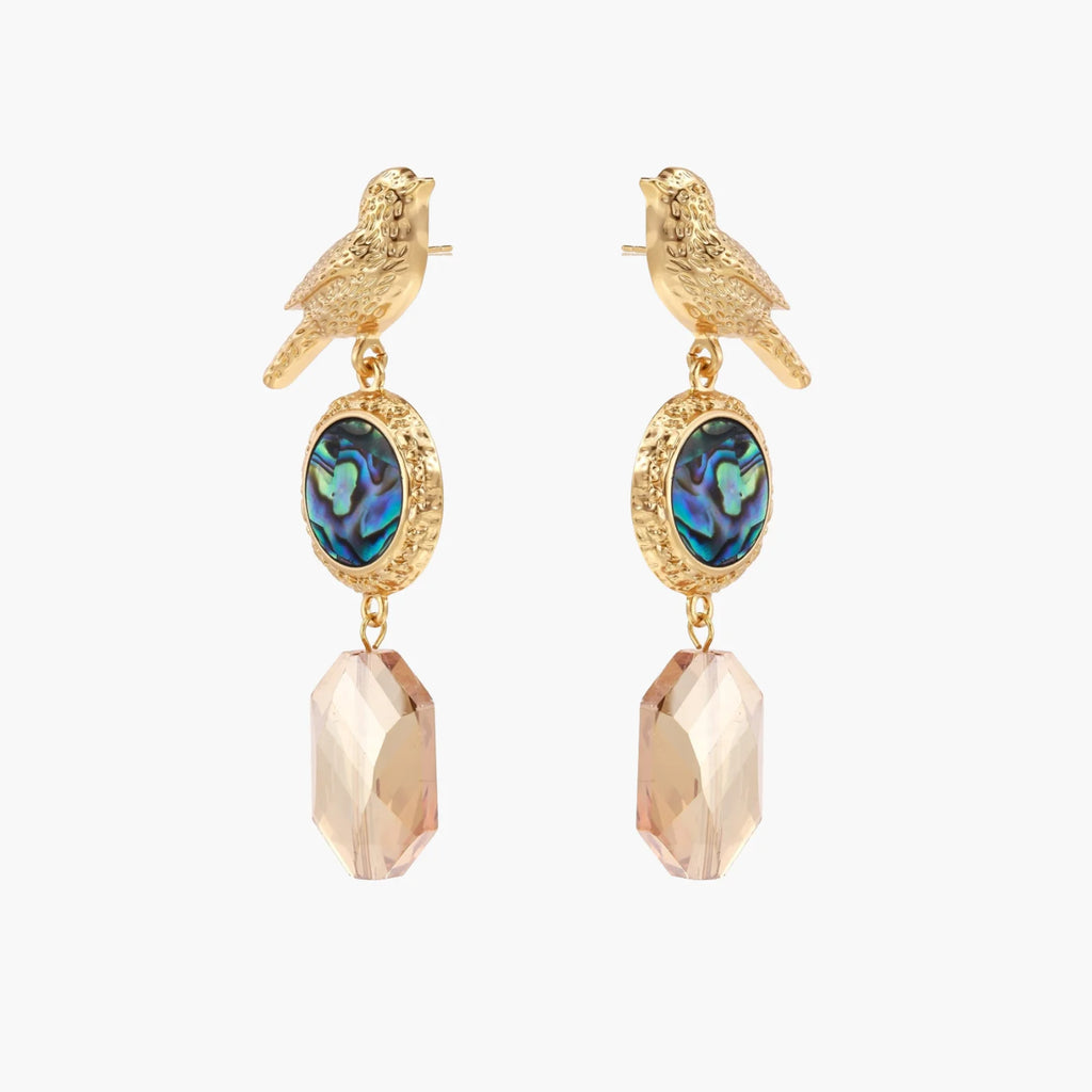 Gold-plated bird stud earrings with iridescent abalone shell medallions and champagne crystal drops on cream background