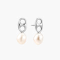 Modern rhodium-plated silver earrings with geometric double-circle design and freshwater pearl drops