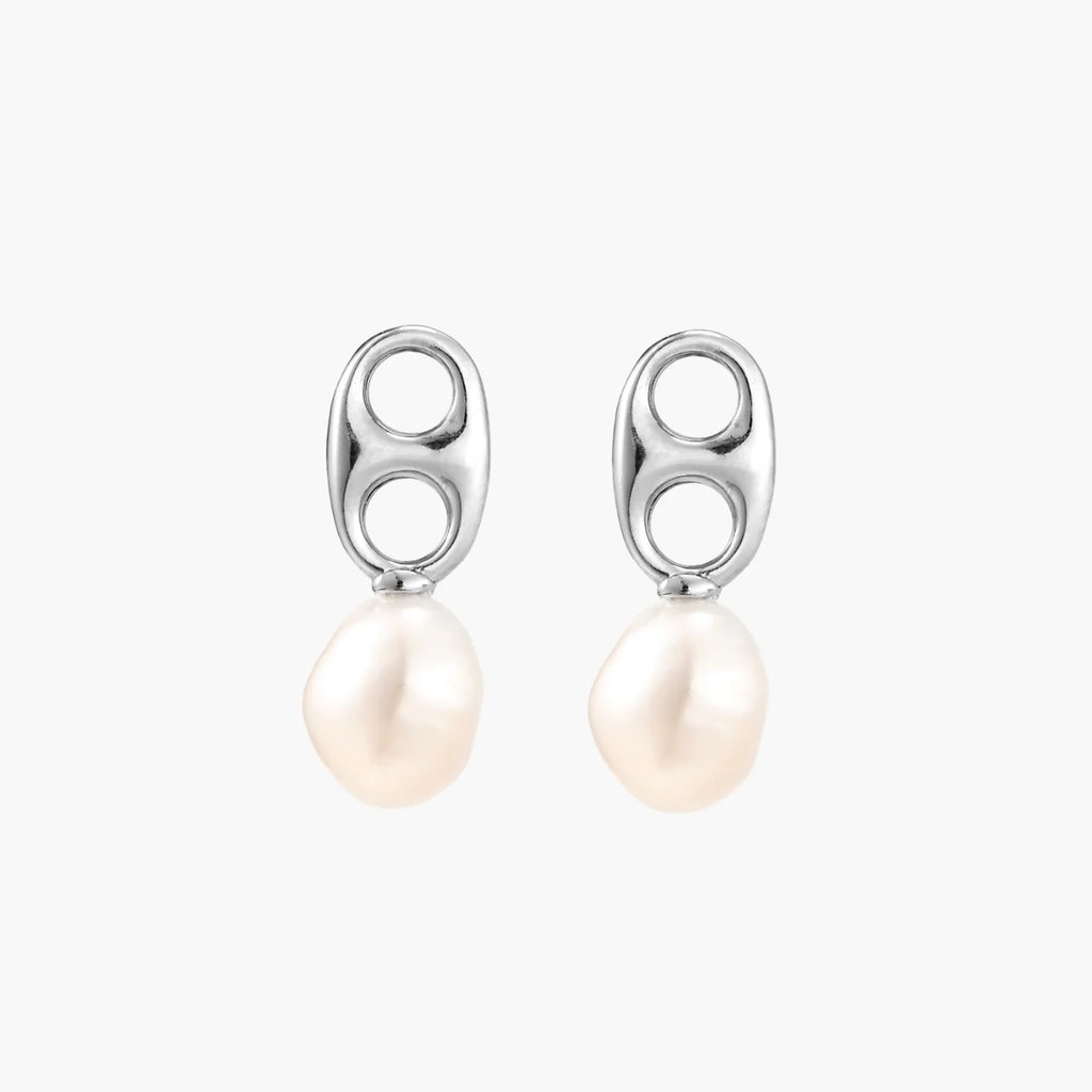 Modern rhodium-plated silver earrings with geometric double-circle design and freshwater pearl drops