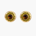 Round hammered gold studs with brown tiger's eye center surrounded by olive green liuli stones on white background.