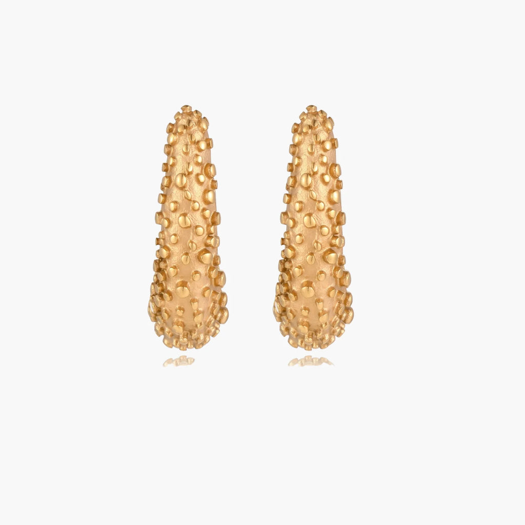 Curved gold hoop earrings with raised granulated texture resembling sea urchin surface on cream background