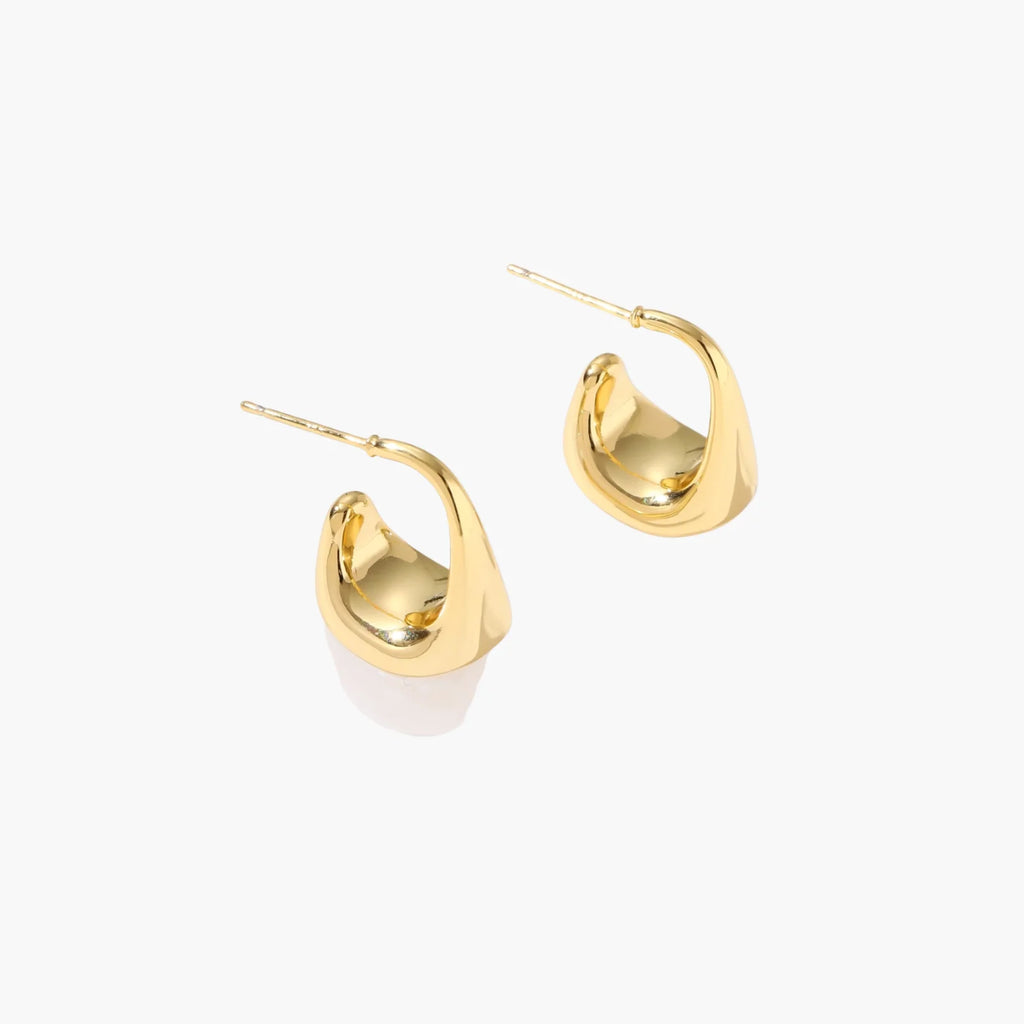 Pair of small gold-plated hoop earrings with triangular cone fronts and curved backs on white background.