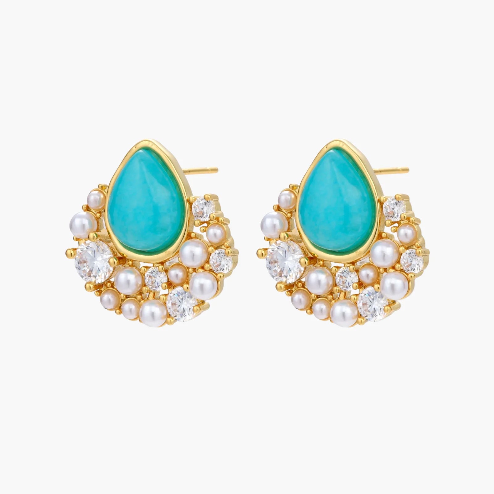 Gold-plated cluster earrings with teardrop turquoise stones surrounded by white pearls and clear crystals