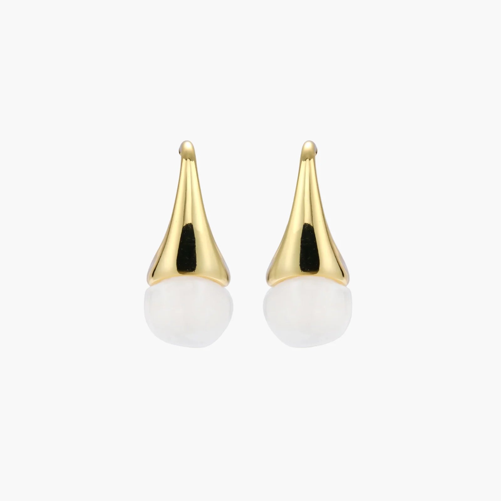 Pair of small gold-plated hoop earrings with triangular cone fronts and curved backs on white background.