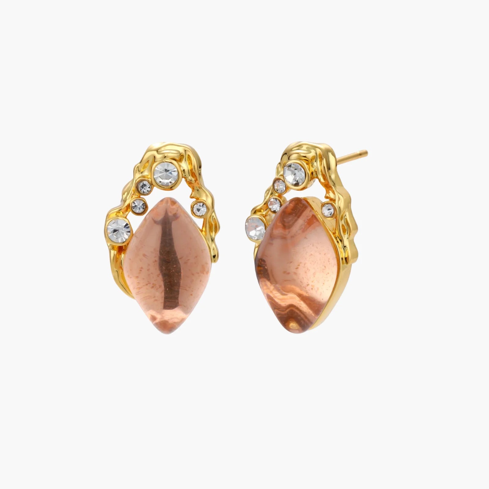 Gold-plated baroque stud earrings with coral-pink liuli stones and cubic zirconia crystals on white background.
