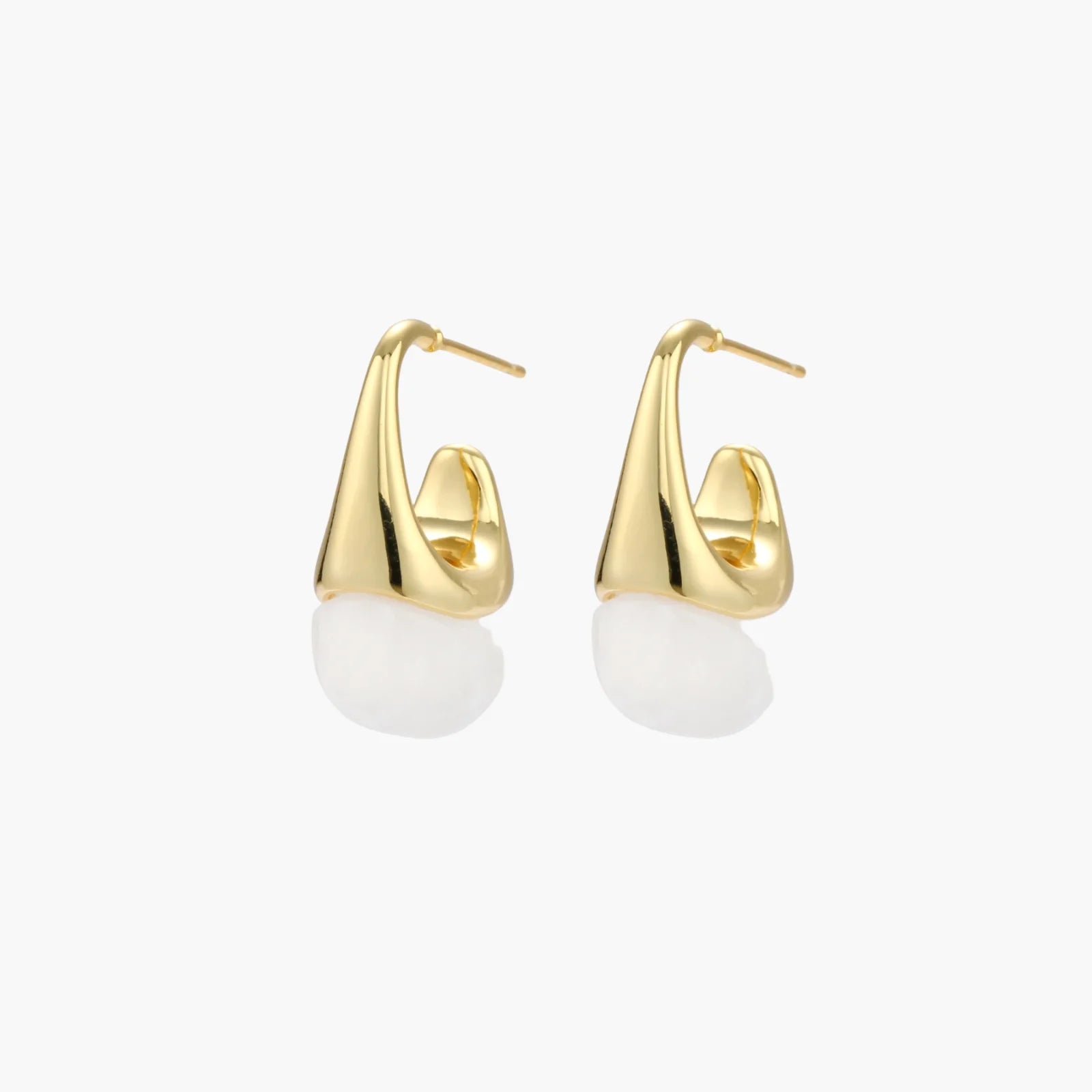 Pair of small gold-plated hoop earrings with triangular cone fronts and curved backs on white background.