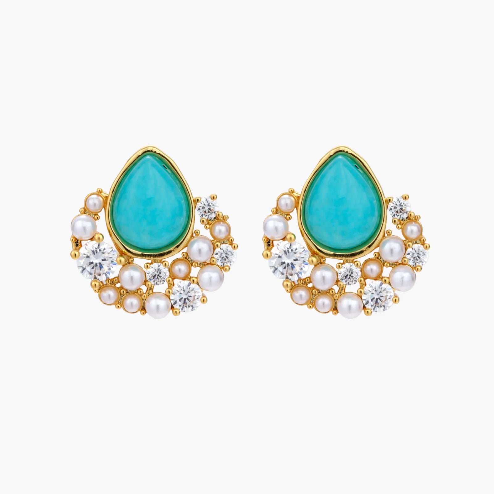 Gold-plated cluster earrings with teardrop turquoise stones surrounded by white pearls and clear crystals