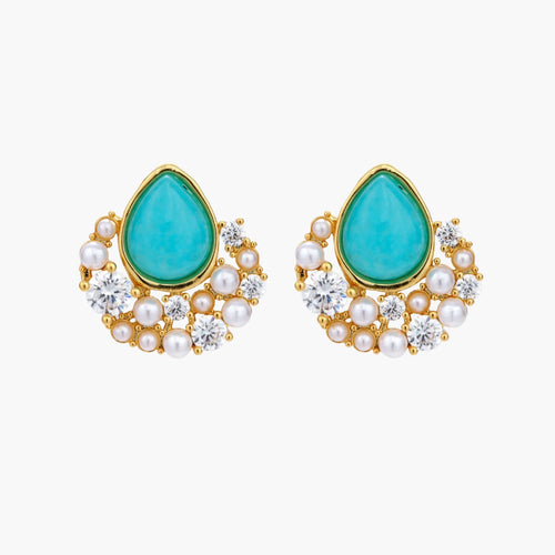 Gold-plated cluster earrings with teardrop turquoise stones surrounded by white pearls and clear crystals
