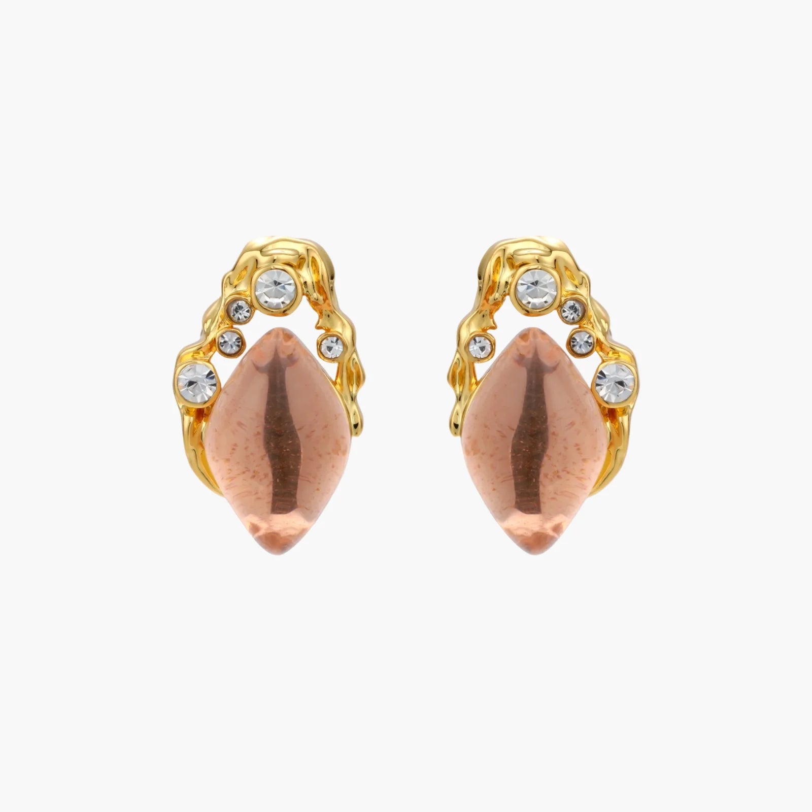 Gold-plated baroque stud earrings with coral-pink liuli stones and cubic zirconia crystals on white background.