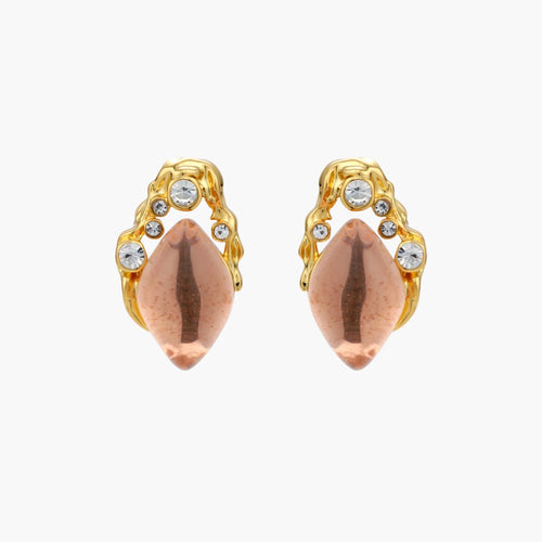 Gold-plated baroque stud earrings with coral-pink liuli stones and cubic zirconia crystals on white background.