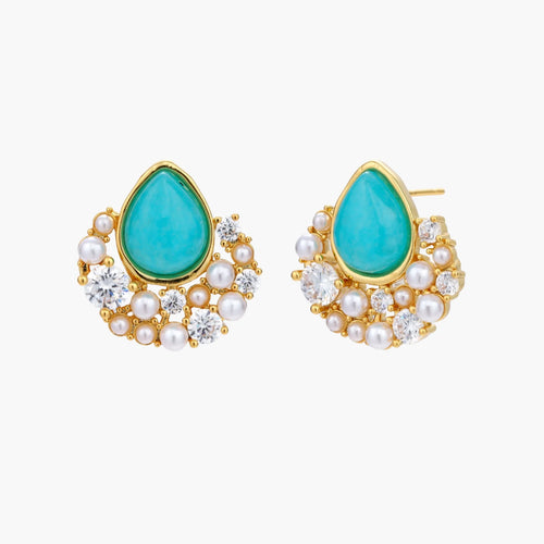 Gold-plated cluster earrings with teardrop turquoise stones surrounded by white pearls and clear crystals