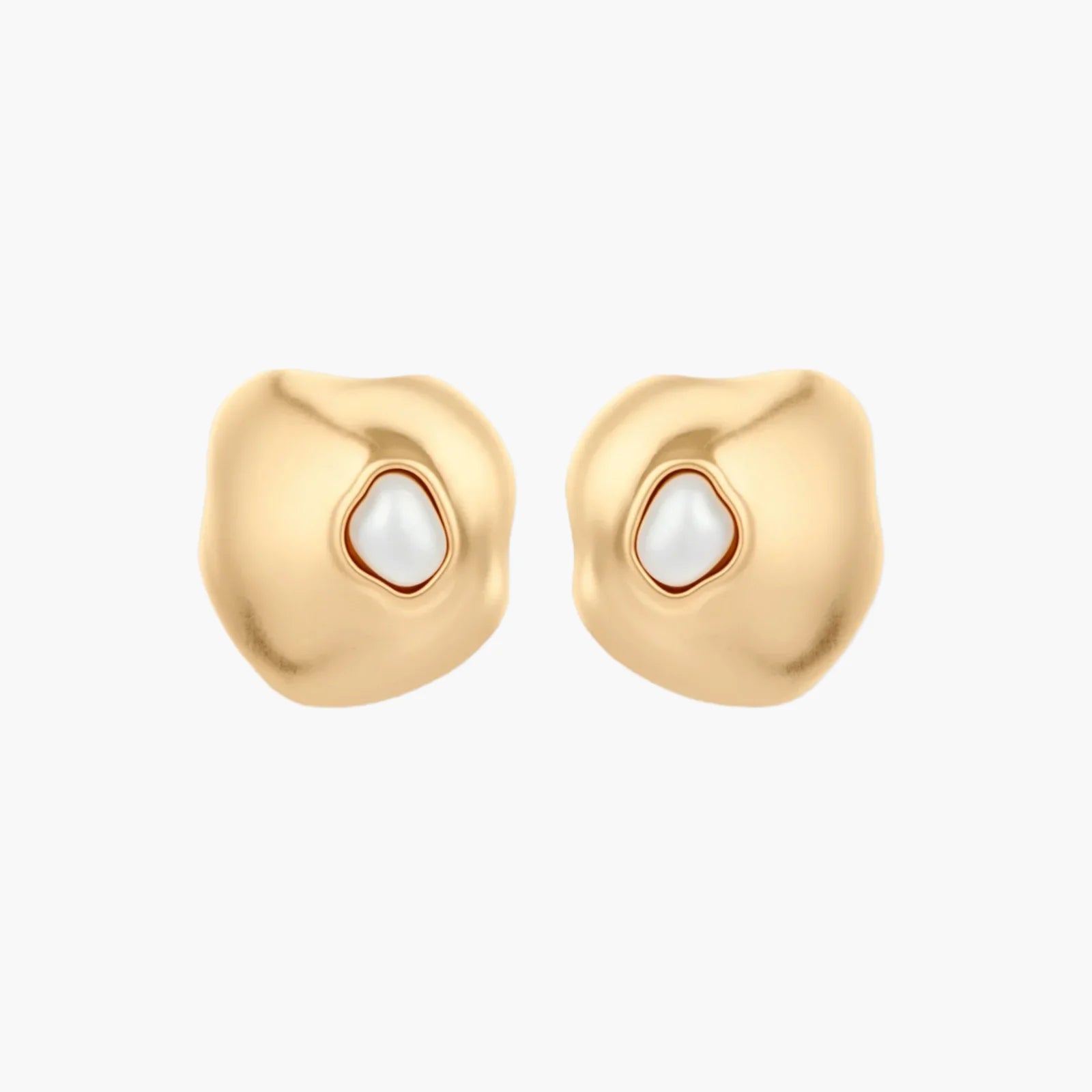 Organic-shaped eco-zinc alloy stud earrings with resin pearl centers and sterling silver posts on white background.