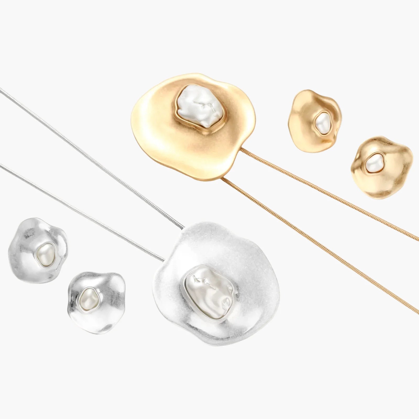 Organic-shaped eco-zinc alloy stud earrings with resin pearl centers and sterling silver posts on white background.