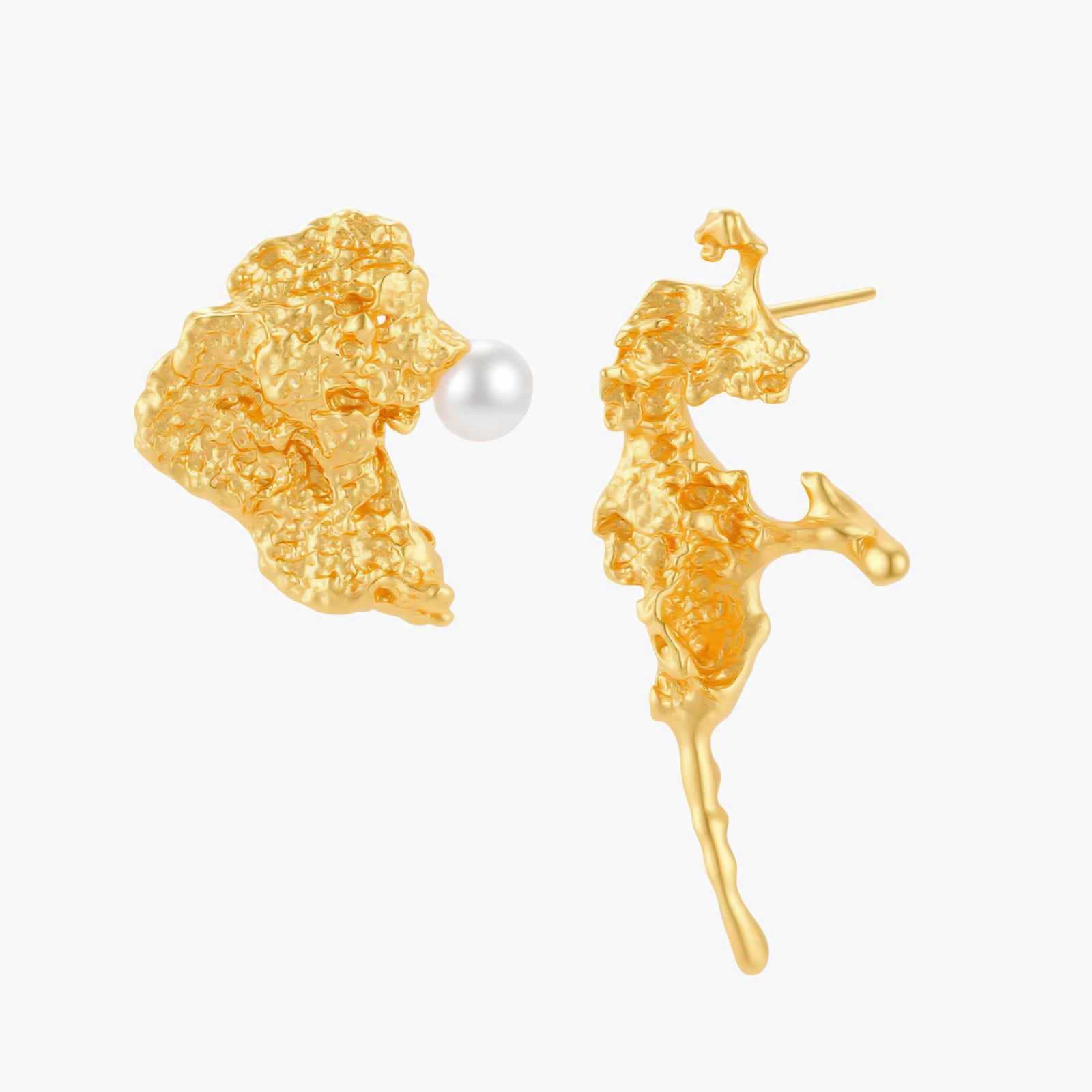 Textured gold stud earrings with coral-like organic surface, one featuring a freshwater pearl, displayed on white background.