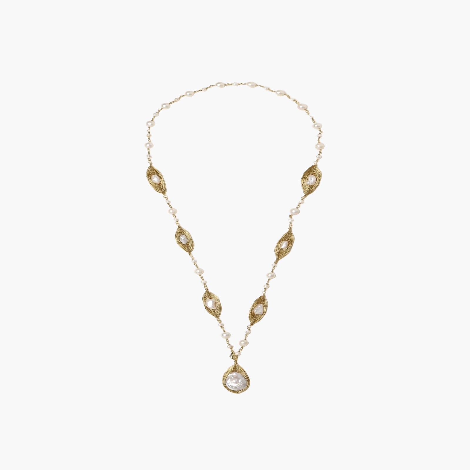 14K gold plated necklace with organic leaf motifs and freshwater pearls arranged in an elegant chain design on neutral background.