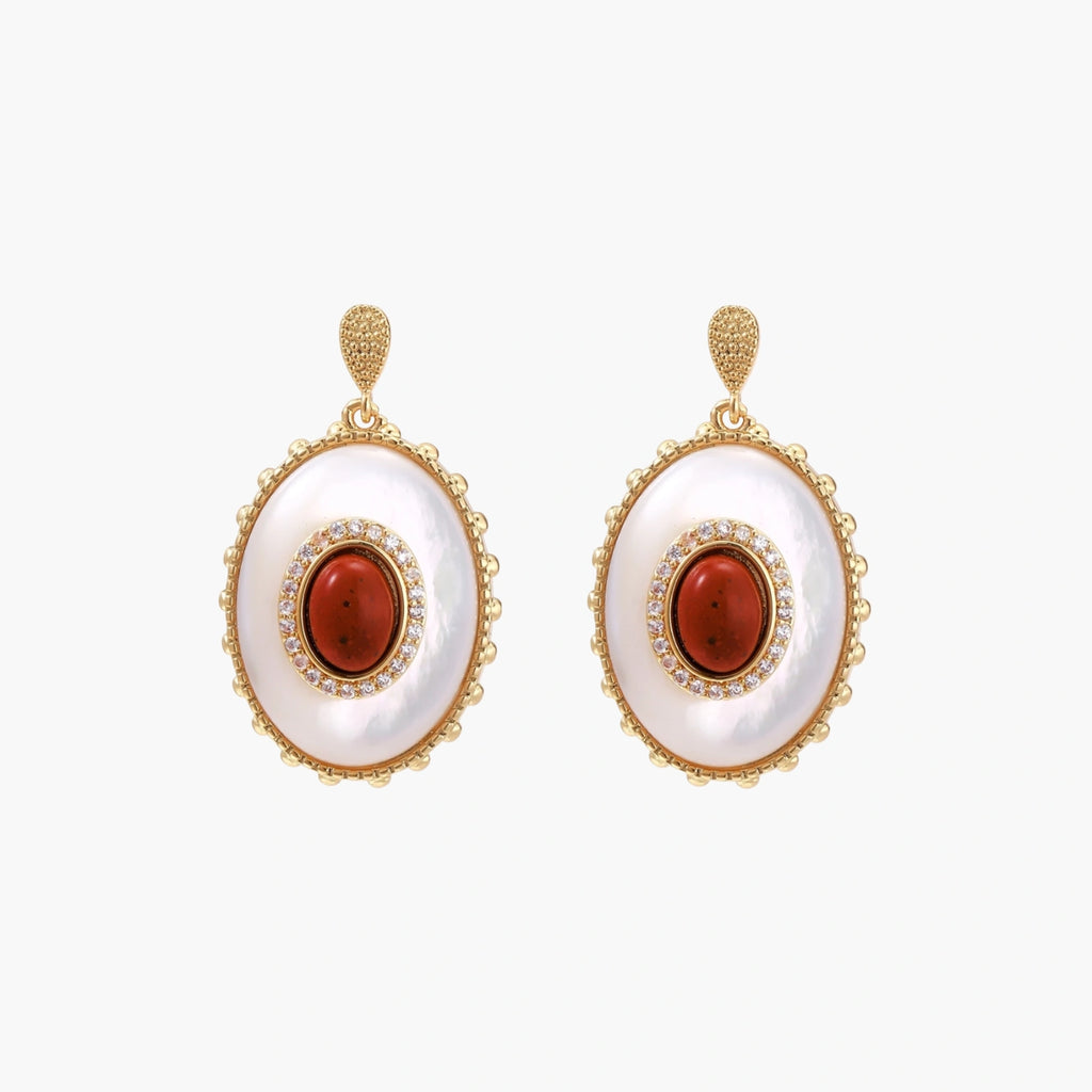 Gold-plated drop earrings with layered oval mother-of-pearl and cognac gemstone center framed by crystal halo