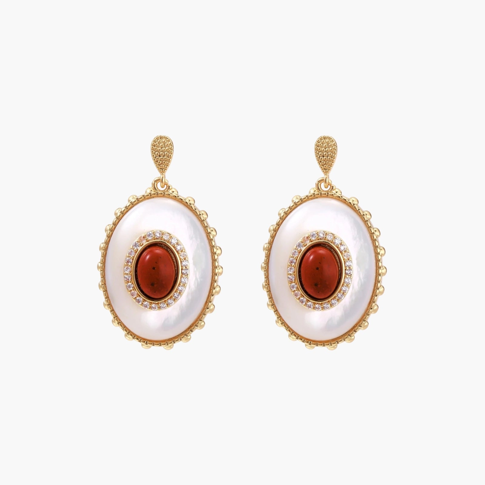 Gold-plated drop earrings with layered oval mother-of-pearl and cognac gemstone center framed by crystal halo