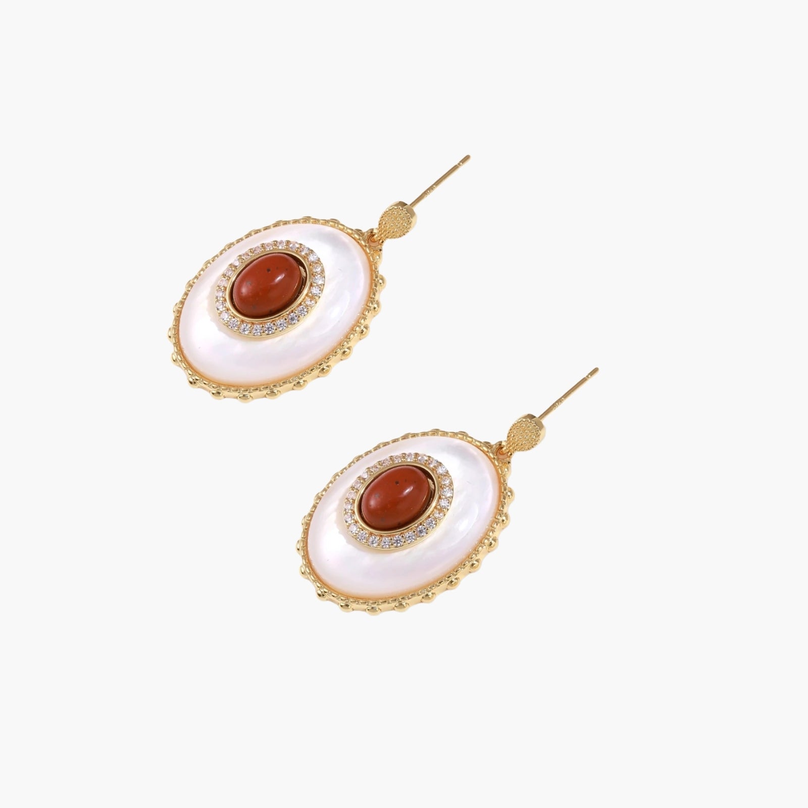 Gold-plated drop earrings with layered oval mother-of-pearl and cognac gemstone center framed by crystal halo