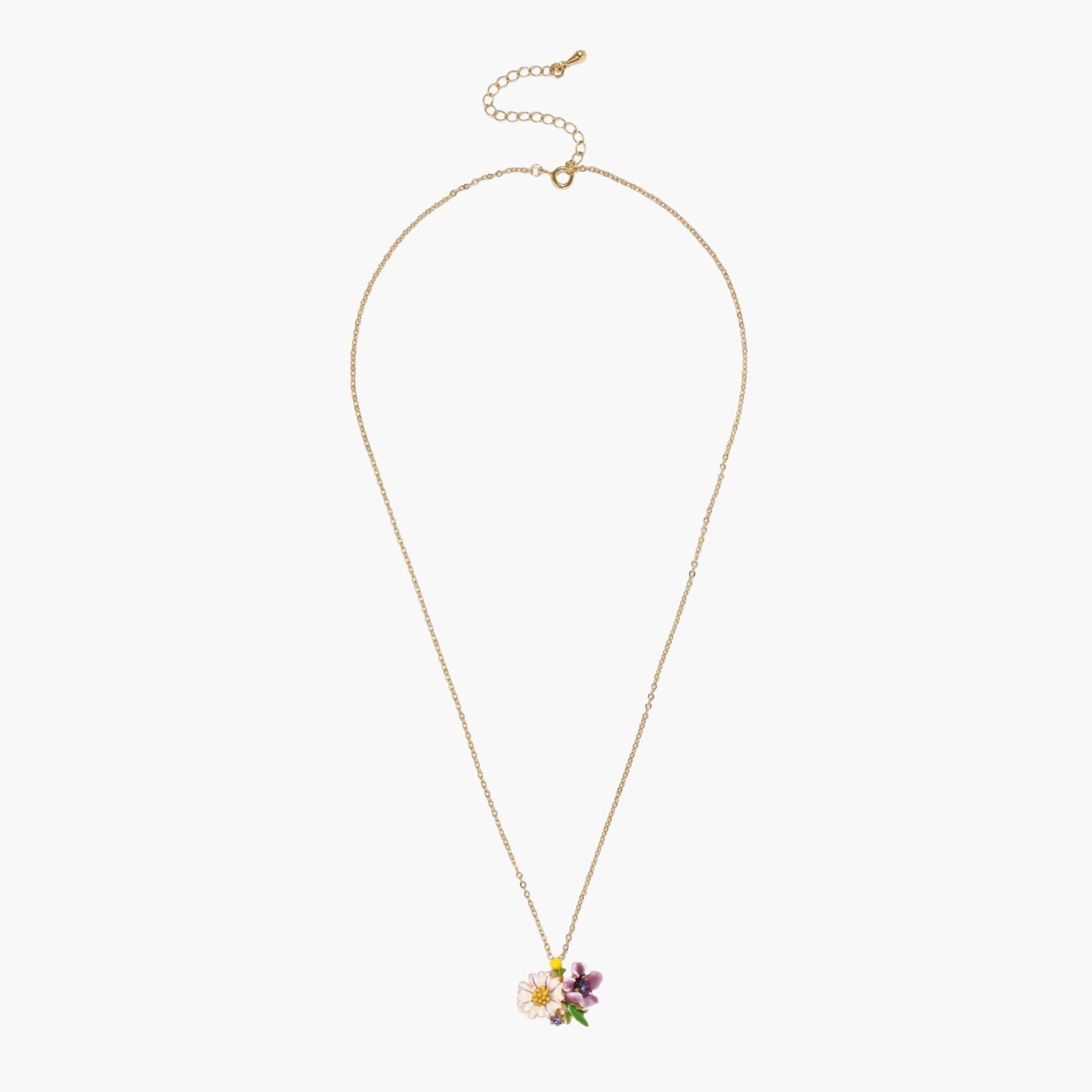 Gold-plated necklace with pink and purple enamel flower pendant featuring crystal accents on cream background