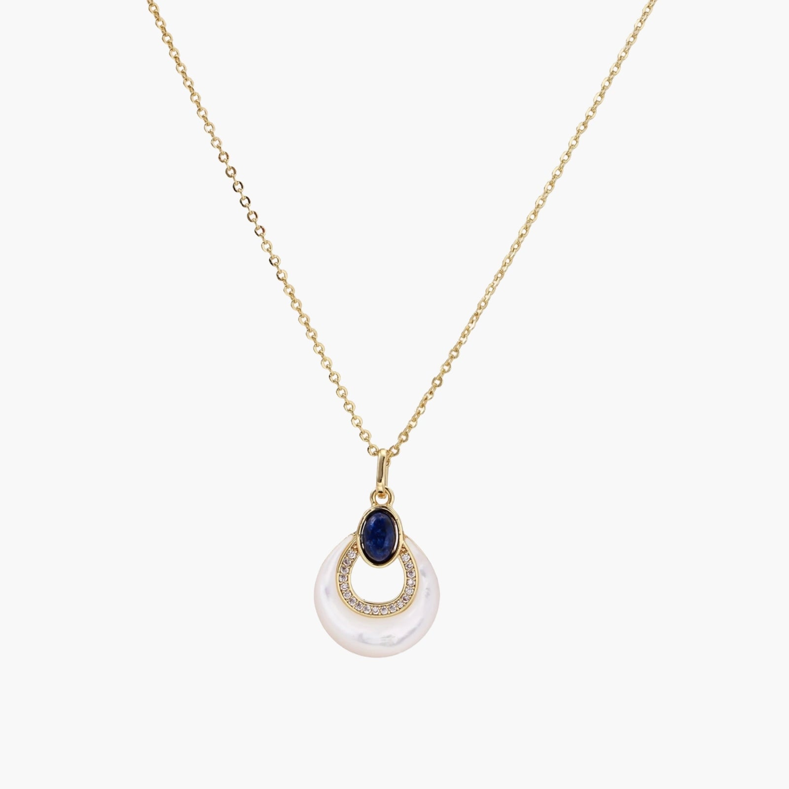 Gold necklace with navy lapis lazuli stone and iridescent mother-of-pearl teardrop pendant with crystal accents