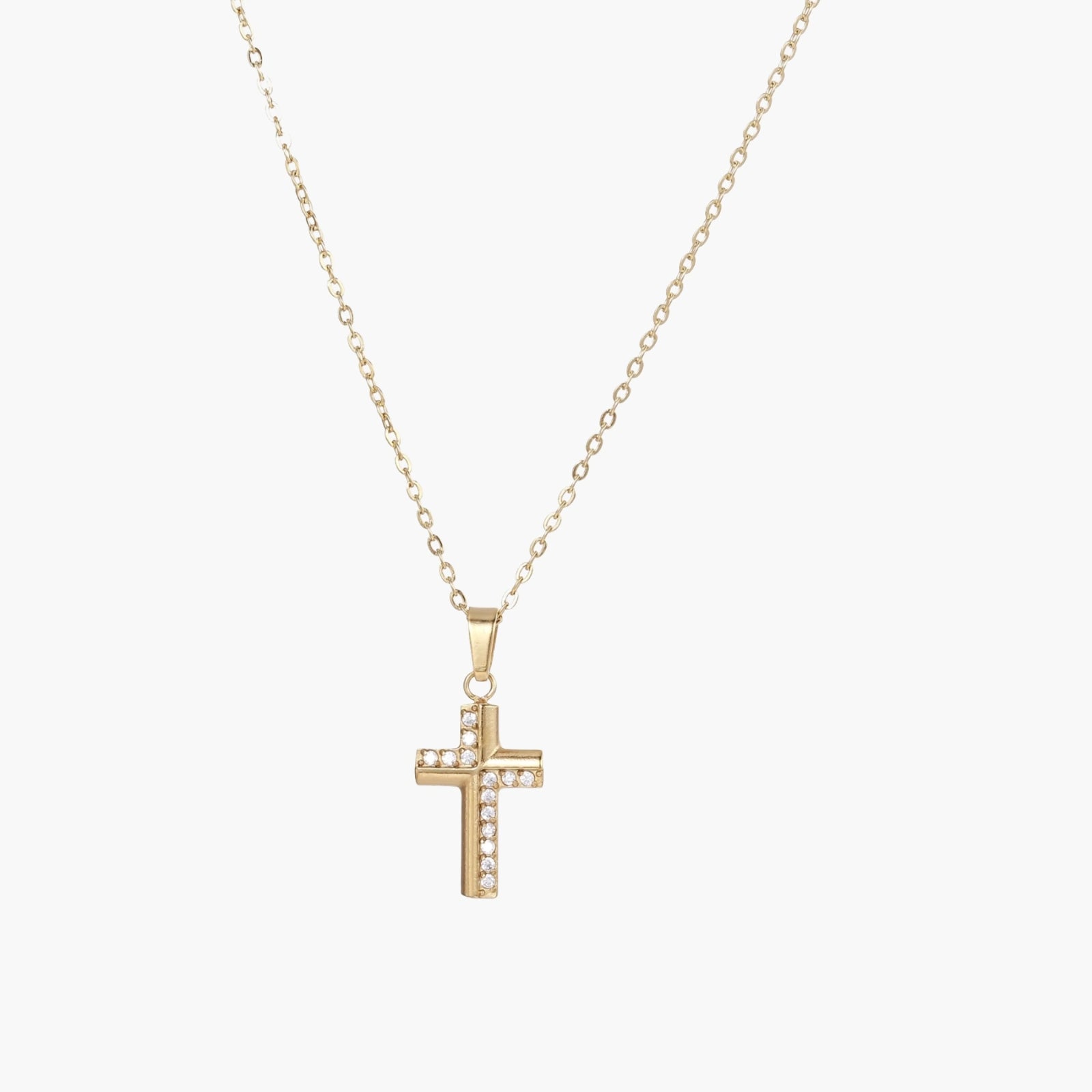 Gold-plated stainless steel cross necklace with crystal embellishments on adjustable chain against light background.