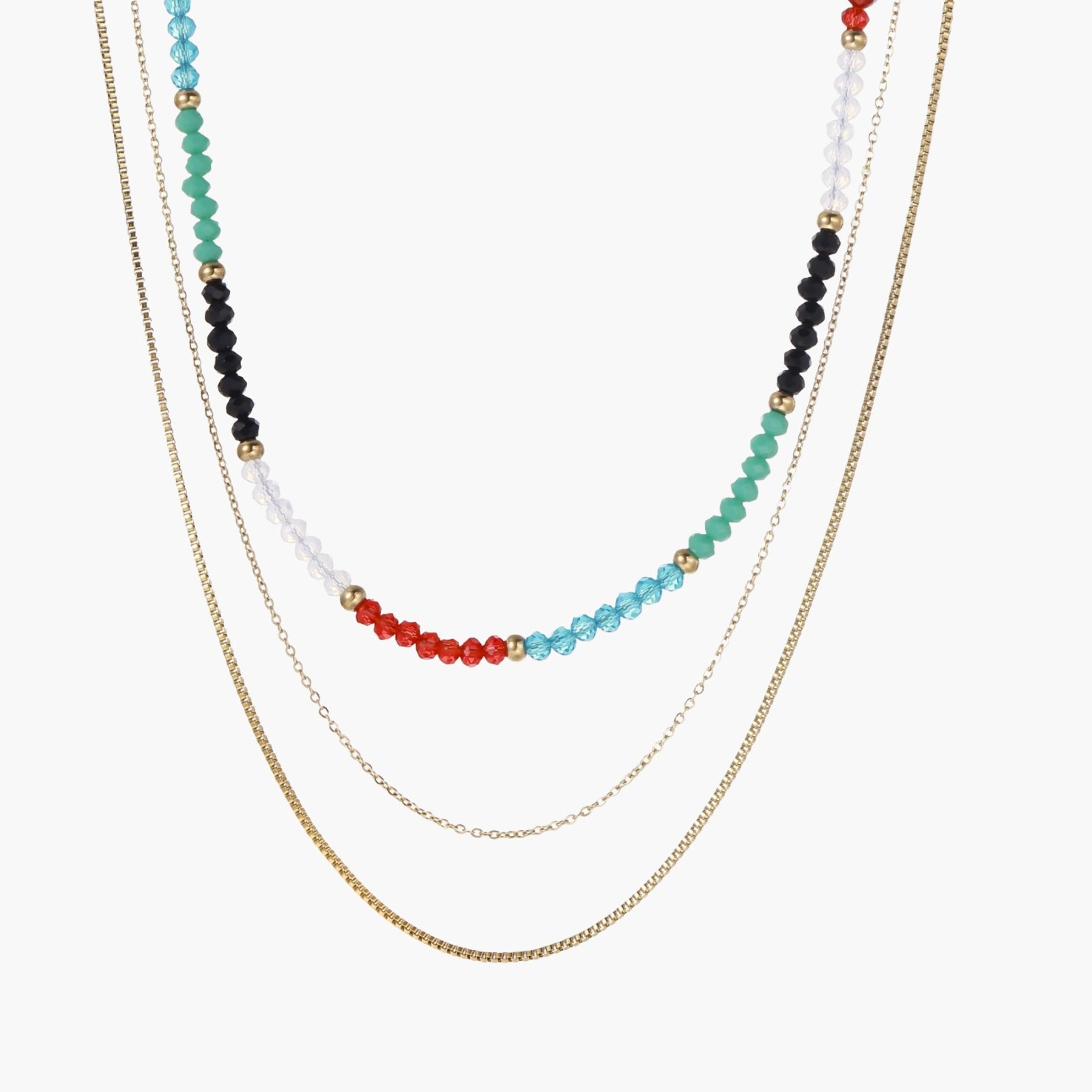 Multi-strand necklace with rainbow quartz beads and gold-plated chains on beige background