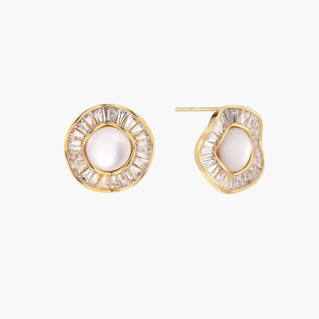 14K gold-plated stud earrings with freshwater pearl center surrounded by baguette-cut crystal halo in sunburst design