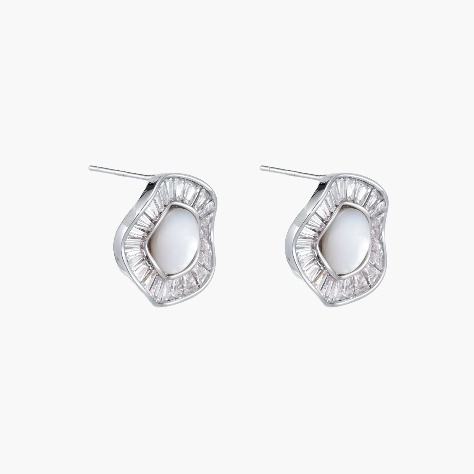 14K gold-plated stud earrings with freshwater pearl center surrounded by baguette-cut crystal halo in sunburst design