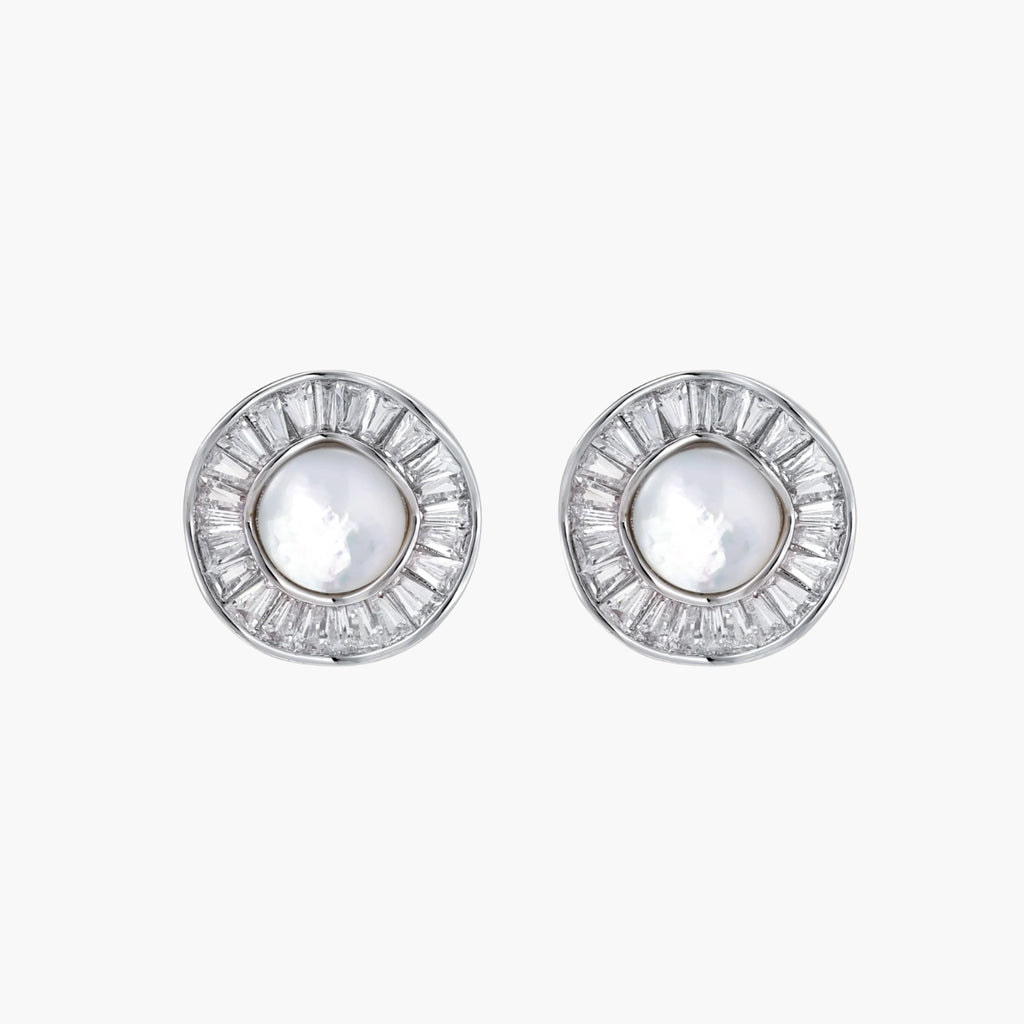 14K gold-plated stud earrings with freshwater pearl center surrounded by baguette-cut crystal halo in sunburst design