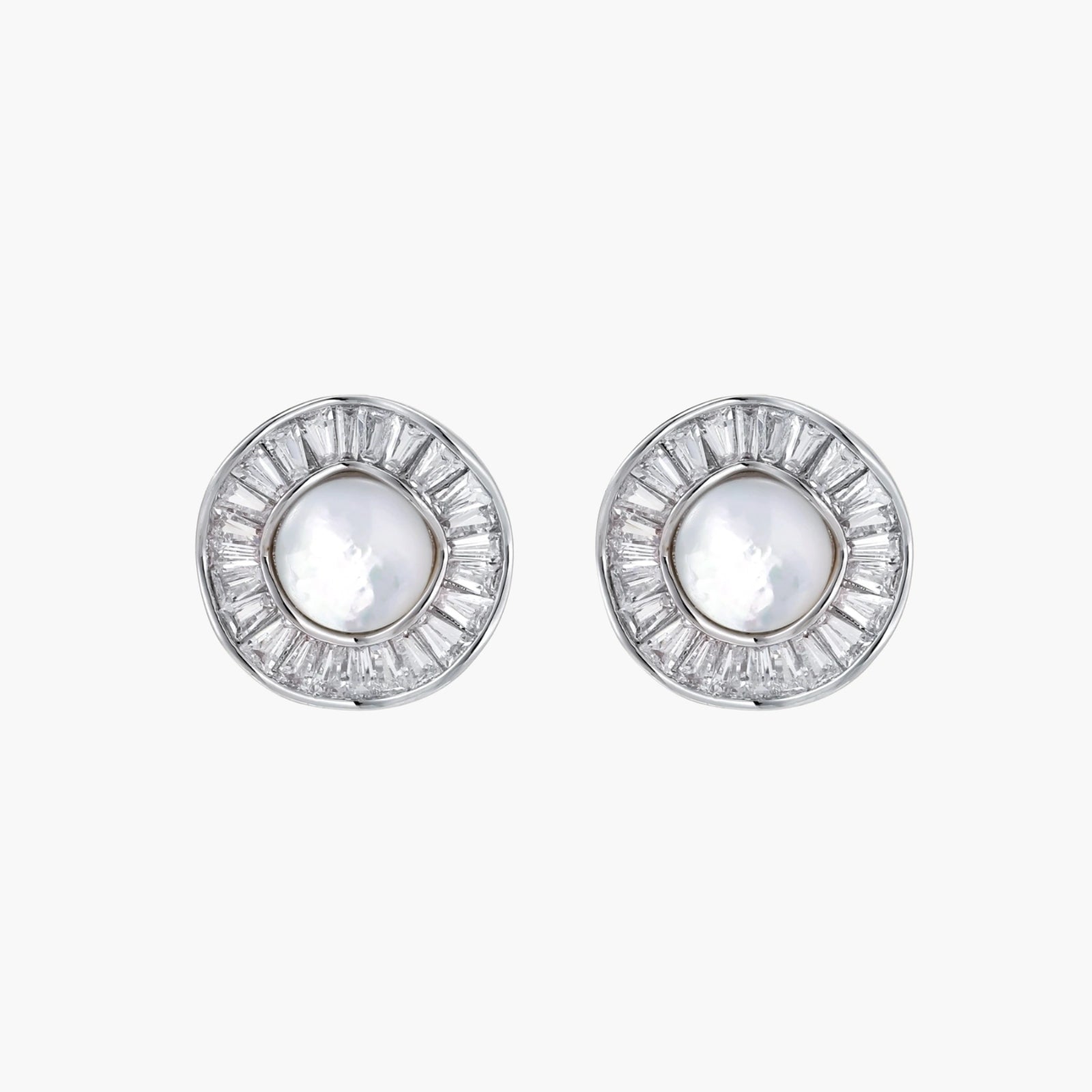 14K gold-plated stud earrings with freshwater pearl center surrounded by baguette-cut crystal halo in sunburst design
