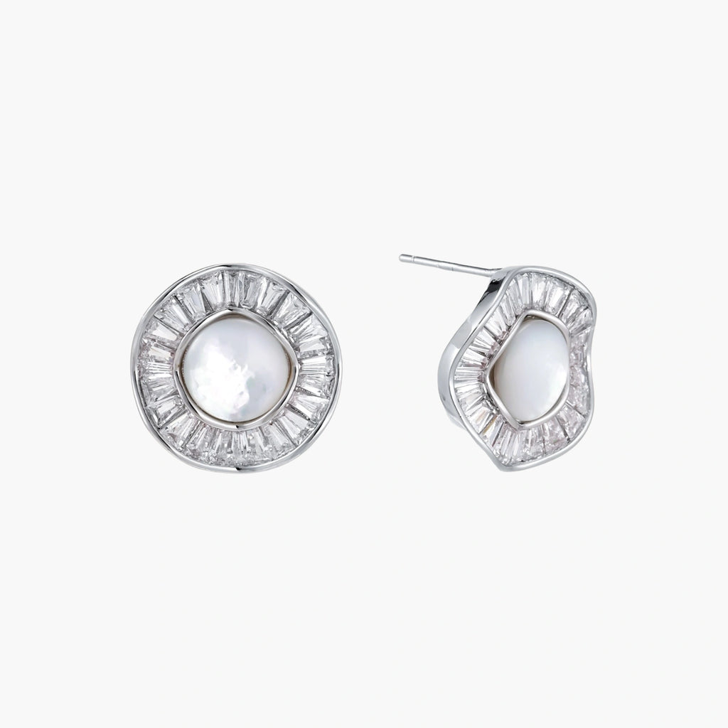 14K gold-plated stud earrings with freshwater pearl center surrounded by baguette-cut crystal halo in sunburst design