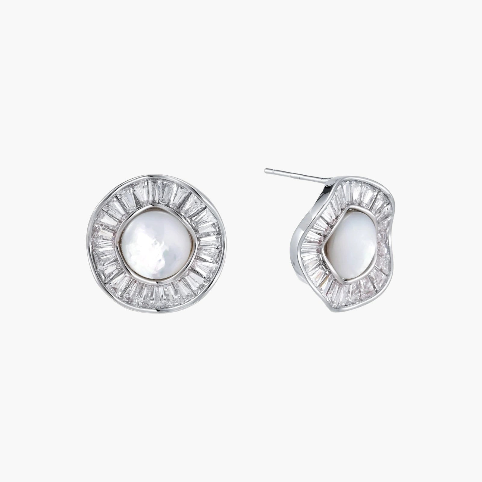 14K gold-plated stud earrings with freshwater pearl center surrounded by baguette-cut crystal halo in sunburst design