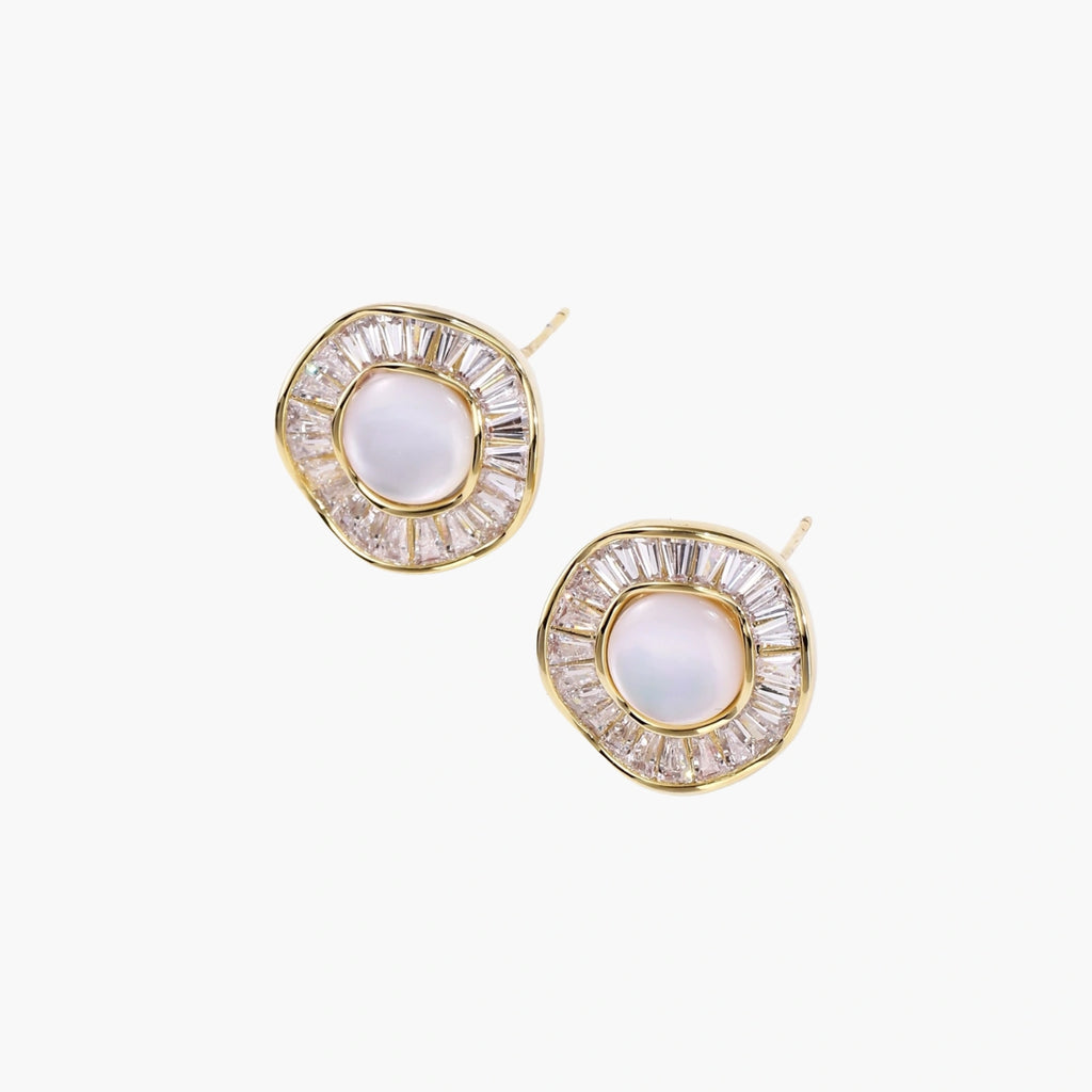 14K gold-plated stud earrings with freshwater pearl center surrounded by baguette-cut crystal halo in sunburst design