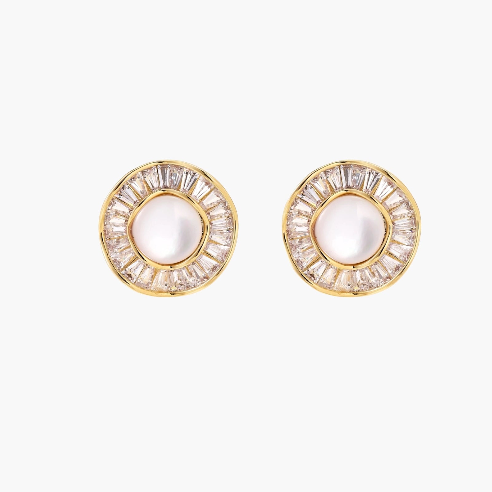 14K gold-plated stud earrings with freshwater pearl center surrounded by baguette-cut crystal halo in sunburst design