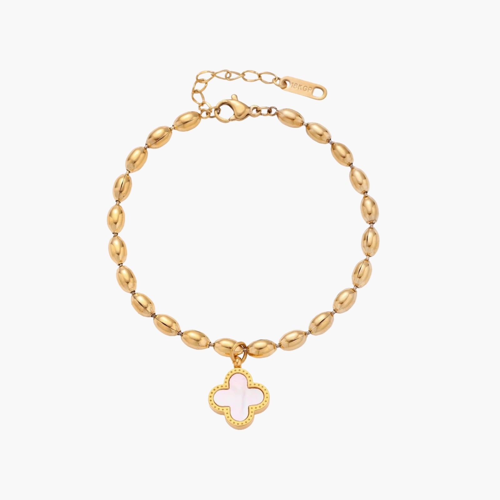 18K gold-plated oval bead chain bracelet with quatrefoil clover charm featuring mother of pearl inlay on cream background