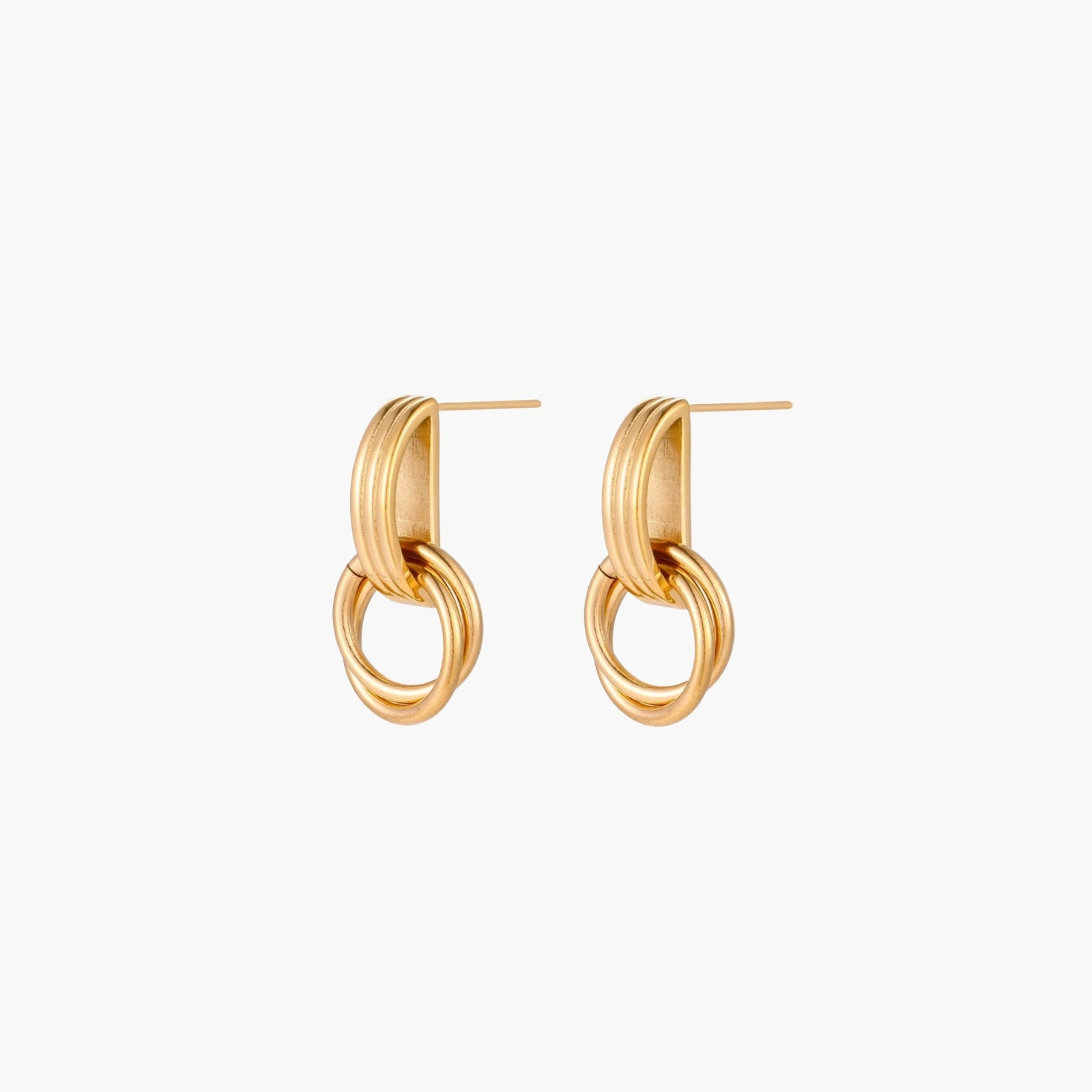 Gold stud earrings with vertical ridged bar connecting to triple interlocking circular rings on white background