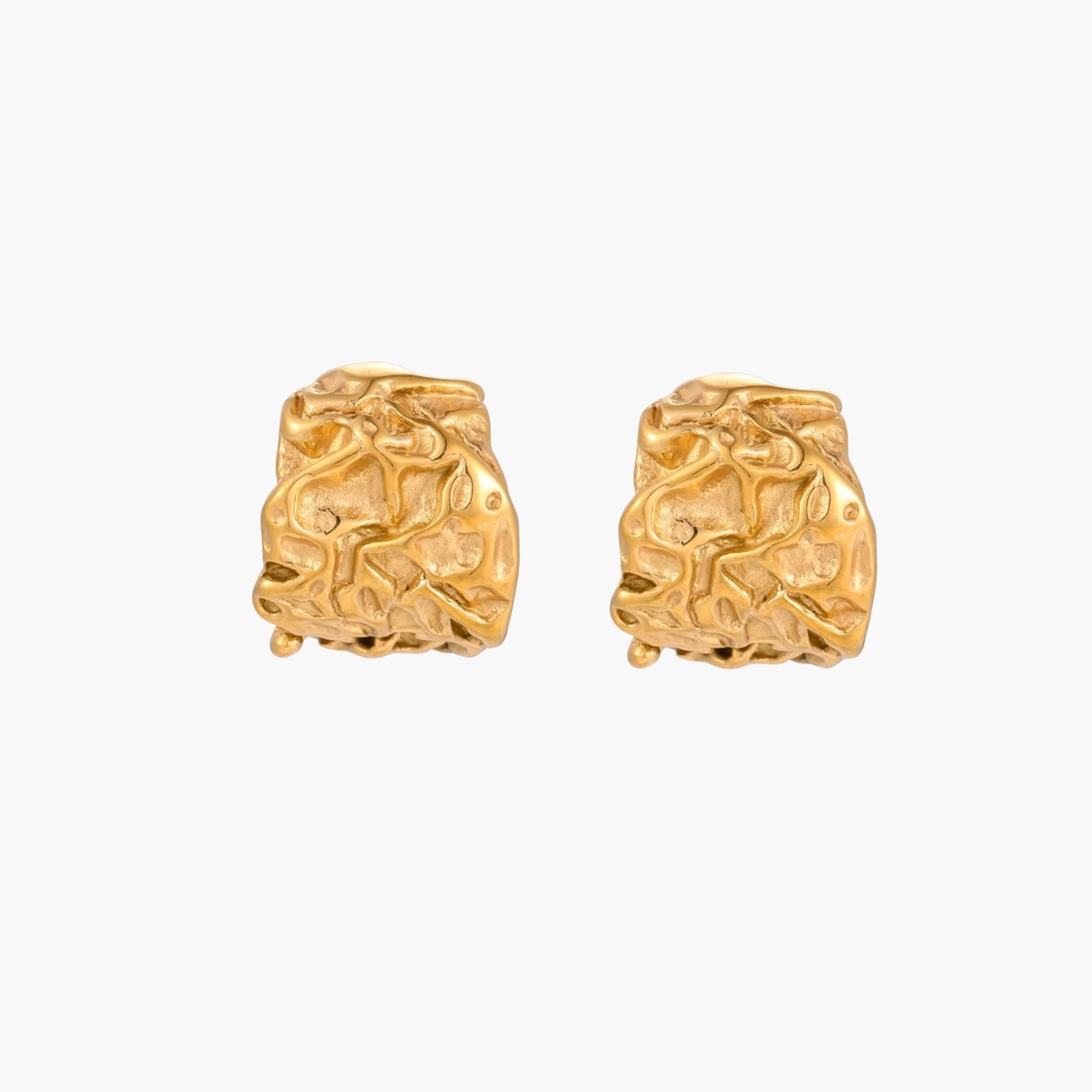 Chunky gold-plated hoop earrings with organic crumpled texture on cream background, 21.5mm sculptural design