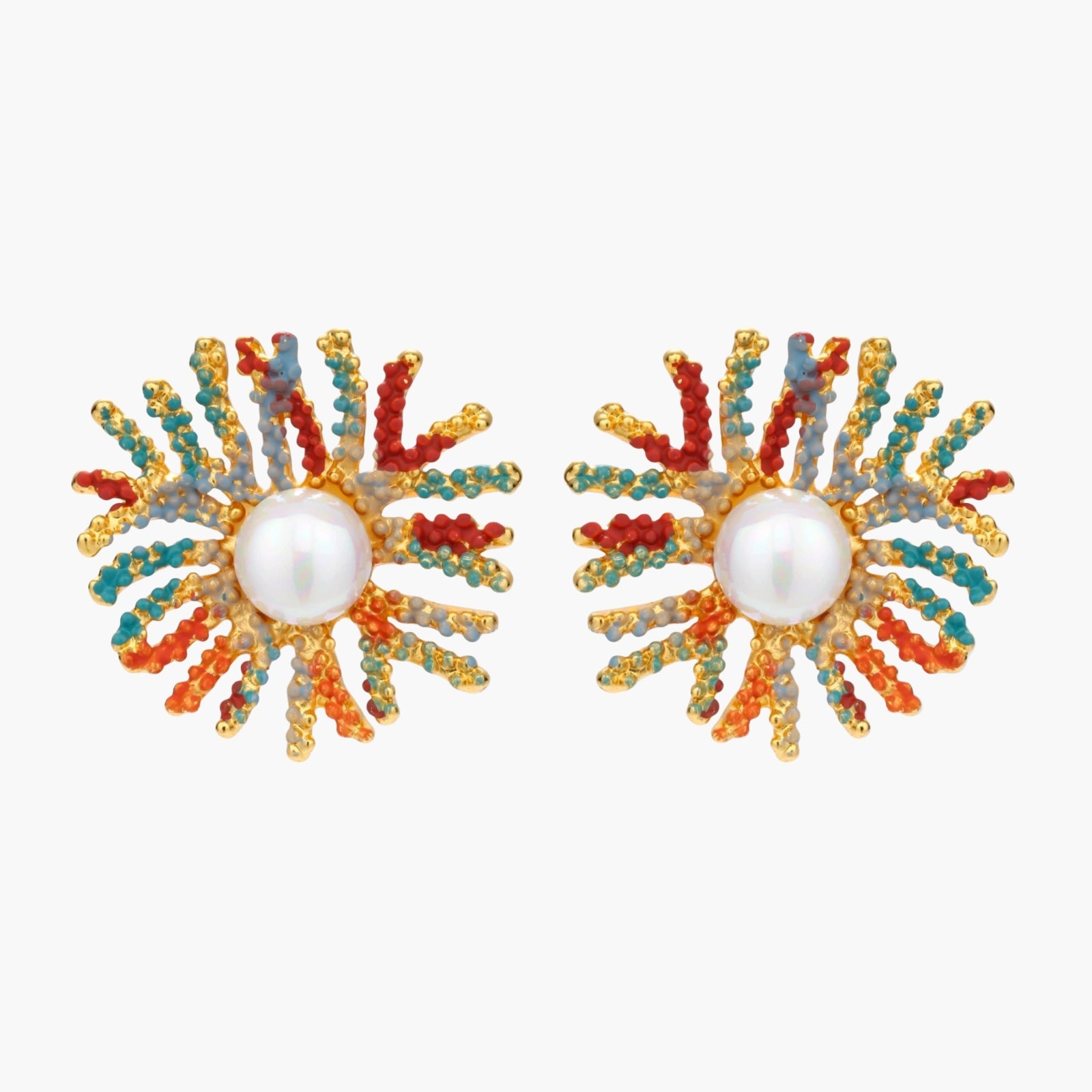Vibrant starburst stud earrings with multicolor enamel rays and white pearl centers on gold-plated setting