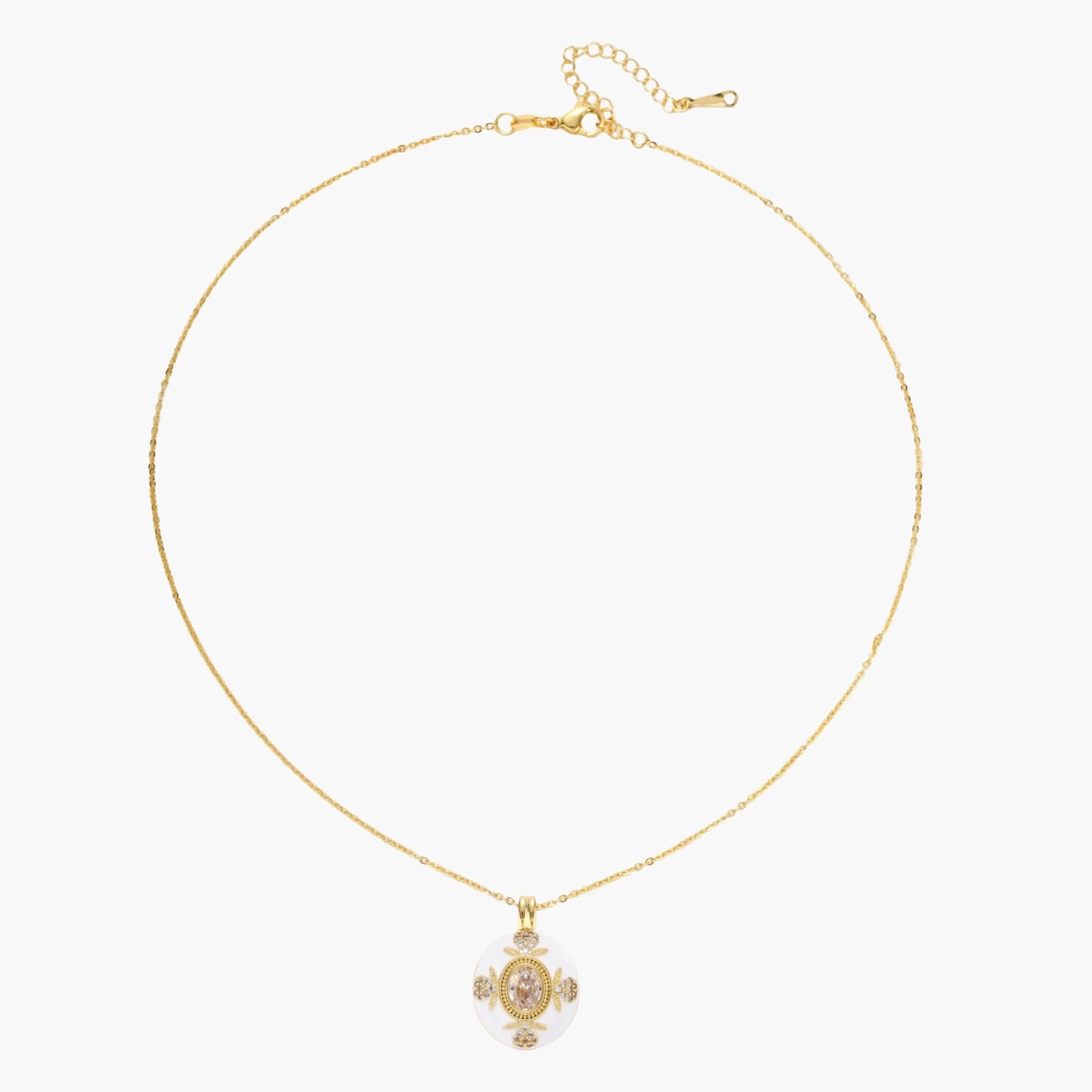 Gold-plated necklace with circular white enamel pendant featuring central zirconia stone and ornate decorative details