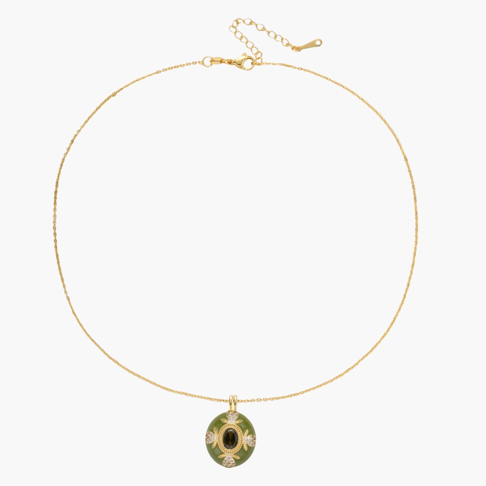 Gold-plated pendant necklace with green enamel background and oval olive cubic zirconia center stone with crystal accents.